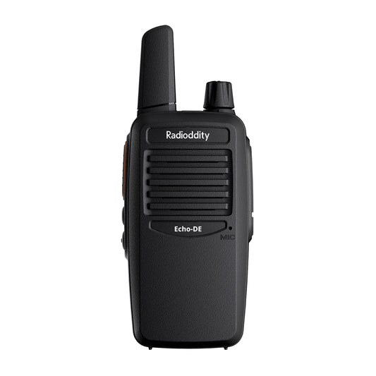 Black Radioddity Echo-DE/IT walkie-talkie on a white background