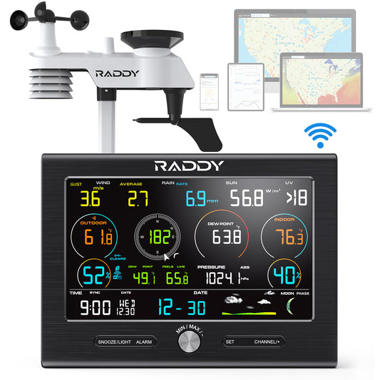 Raddy L7 LoRa Weather Station | Wi-Fi Indoor/Outdoor | 1.9 Miles | 7.2" Display | Rain Gauge | Thermometer | Humidity Sensor - Radioddity