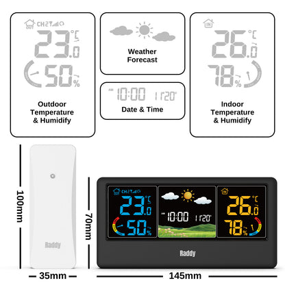 Raddy WF-55C Wireless Weather Station | Color Display | Weather Forecast | Thermometer Hygrometer - Radioddity