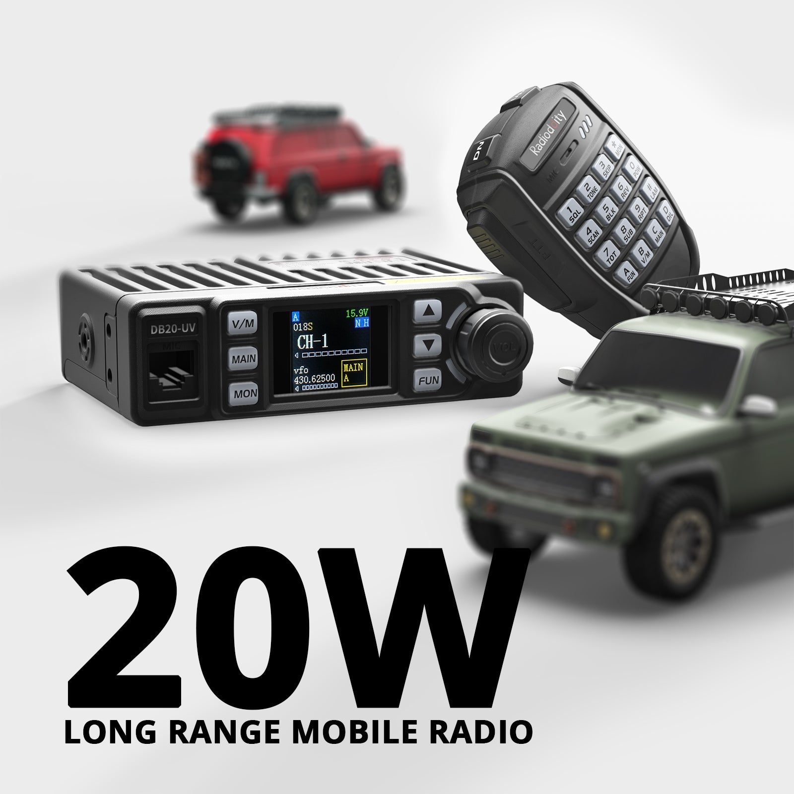 Radioddity DB20-UV Mobile Radio | Dual Band | 20W | Display Sync | 500 Channels | VOX - Radioddity