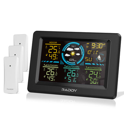 Raddy WF-60C Wetterstation für den Innen- und Außenbereich mit Thermometer | Luftfeuchtigkeitsmesser | Barometer | 3 Remote-Sensoren - Radioddity