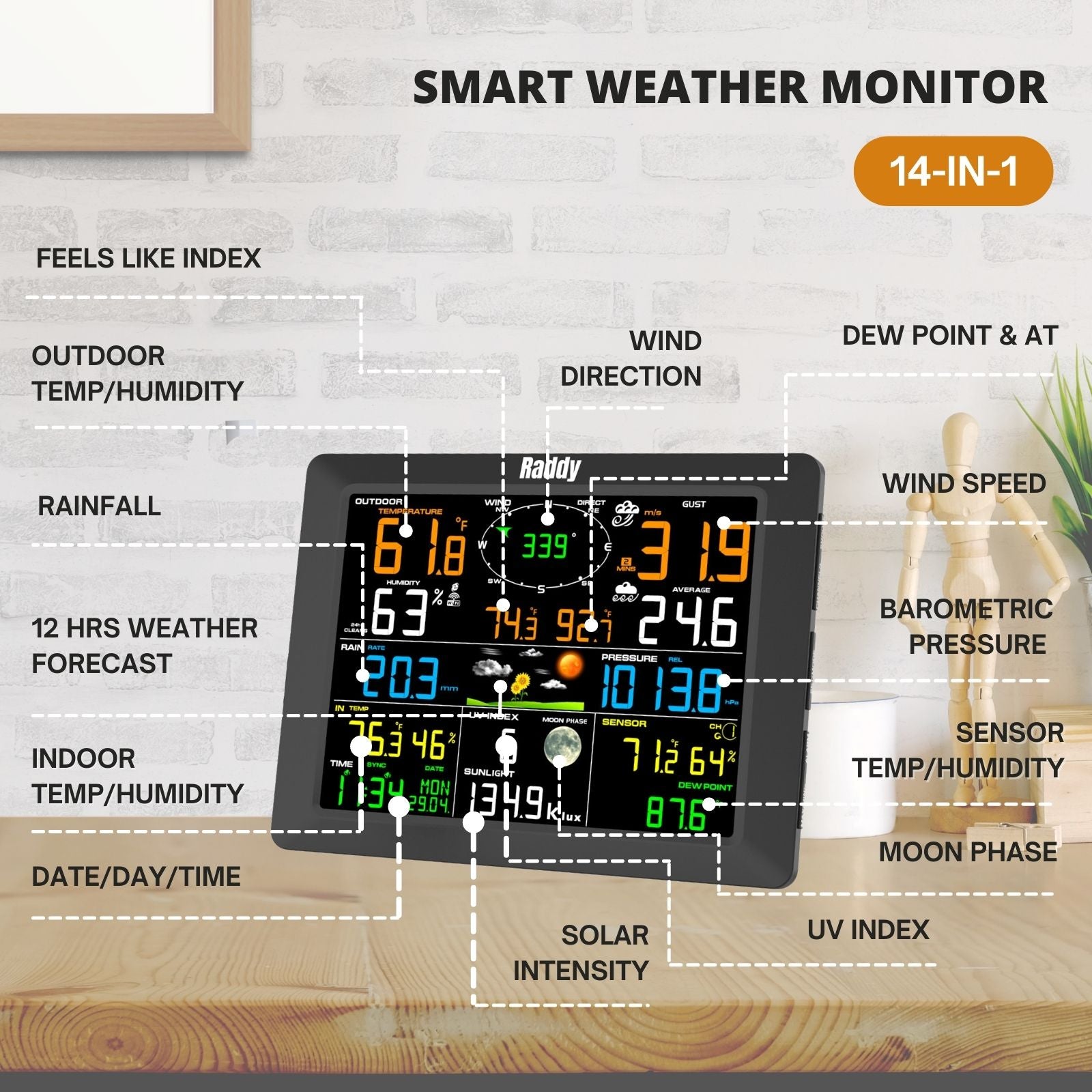 Raddy WF-100C Professional Weather Station | Wireless Sensor | Large Display | Rain Gauge Wind Speed Solar Alarm Clock - Radioddity