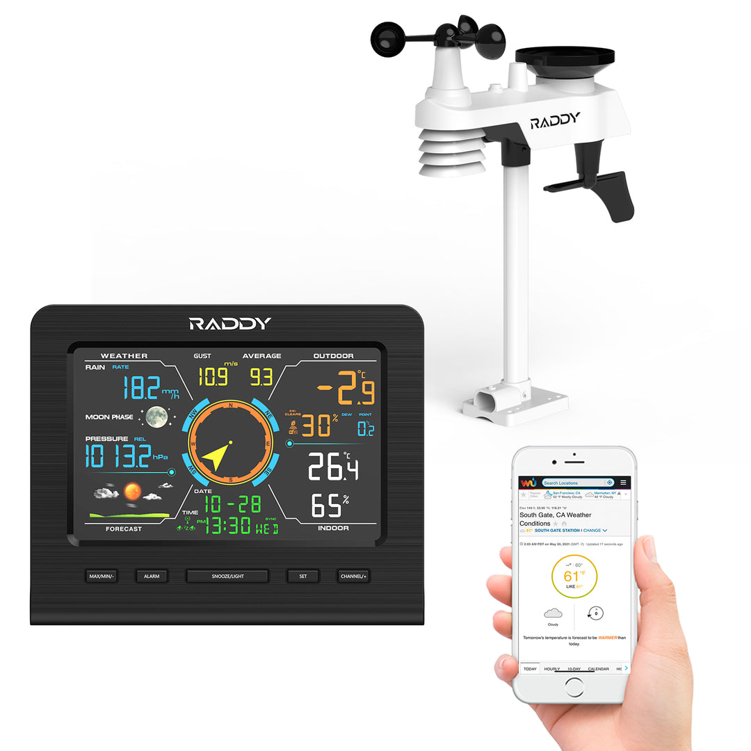 Raddy WF-100C Lite Weather Stations | Wireless | Temperature | Barometric Pressure | Humidity | Wind Rain Gauge - Radioddity