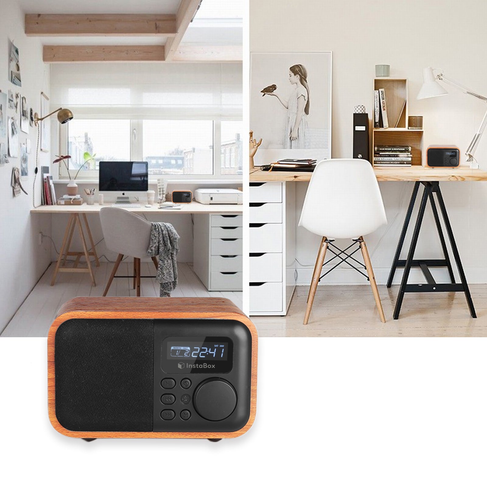 InstaBox i90 Wooden FM Clock Radio & Bluetooth Speaker [DISCONTINUED] - Radioddity