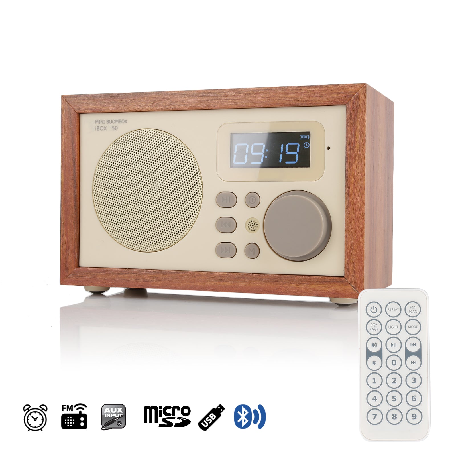 InstaBox i50 Wooden FM Clock Radio & Bluetooth Speaker [DISCONTINUED] - Radioddity