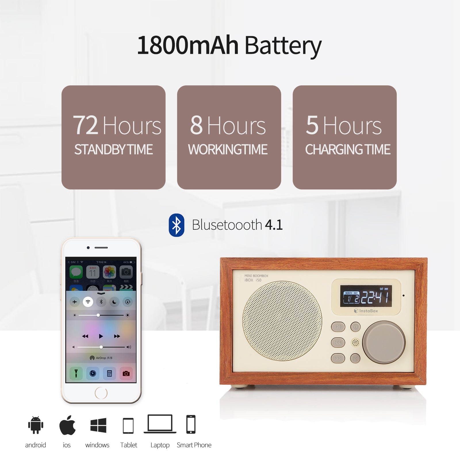 InstaBox i50 Wooden FM Clock Radio & Bluetooth Speaker [DISCONTINUED] - Radioddity