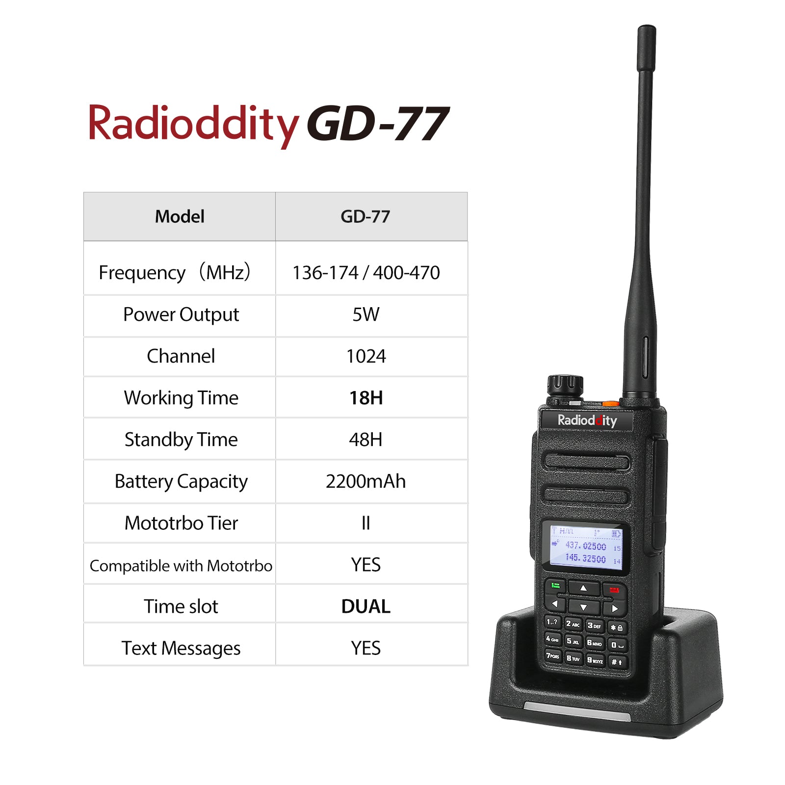 GD-77 DMR Dual Band Dual Time Slot Two Way Radio + Cable [10 Pack] - Radioddity