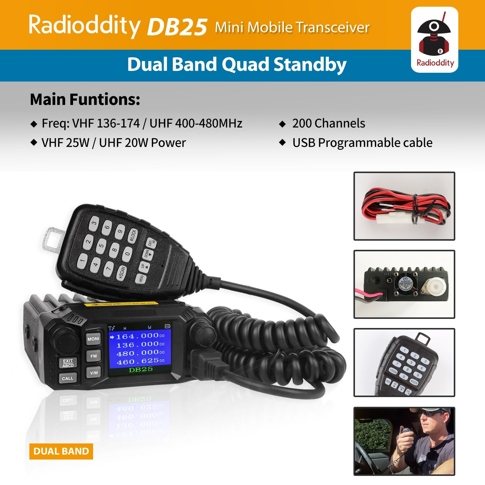 DB25 Dual Band Quad-standby Mobile Radio 25W/10W [DISCONTINUED] - Radioddity