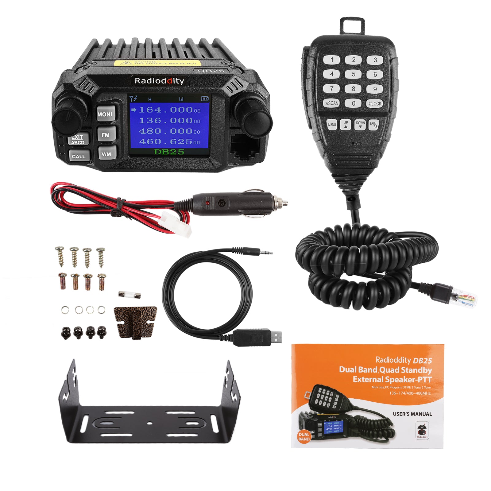 DB25 Pro Dual Band Quad-standby Mini Mobile Radio + 50W Antenna + Cable - Radioddity