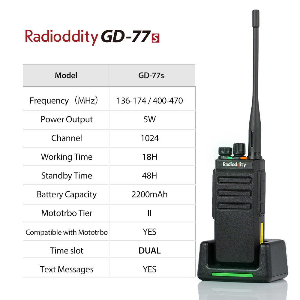 Radioddity GD-77S DMR | Dual Band | 5W | 2 Time-slot DMR | 2200mAh | with Cable - Radioddity