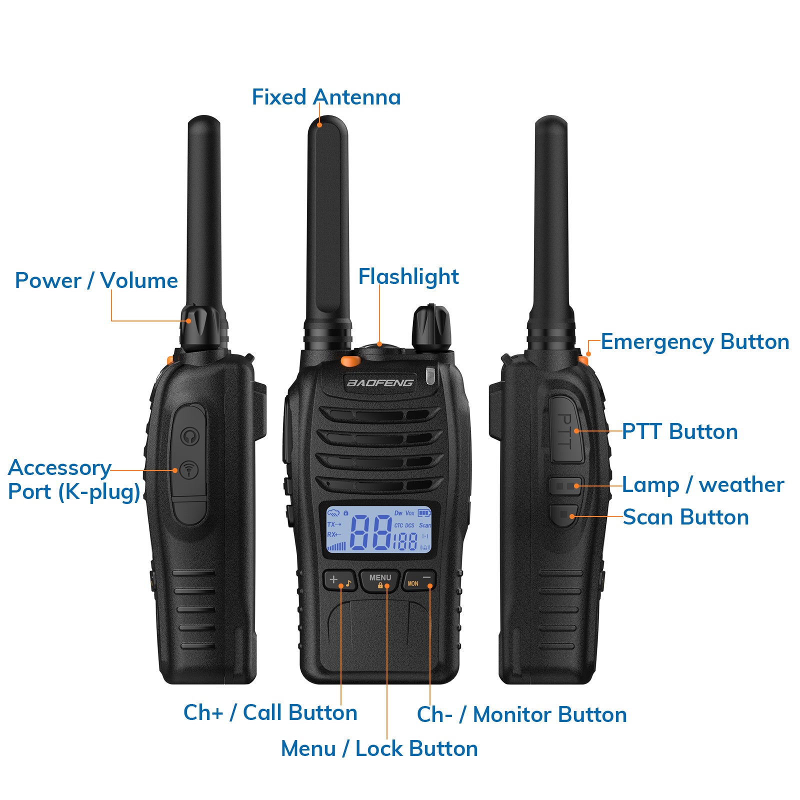 Baofeng BF-88ST Pro [3 Pack] FRS Radio | License-Free | NOAA | VOX | Dual Watch | USB Charger - Radioddity