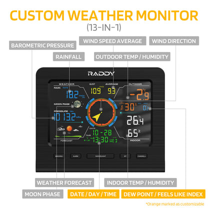 Raddy WF-100C Lite Weather Stations | Wireless | Temperature | Barometric Pressure | Humidity | Wind Rain Gauge - Radioddity