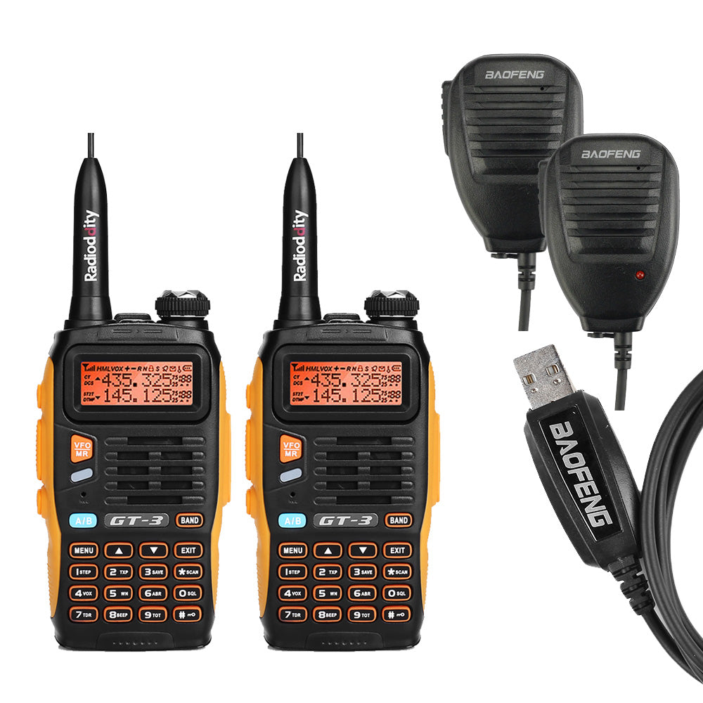 Baofeng GT-3 Mark II [2 Pack + 2 Speaker + Cable] | Dual Band | 5W | Better Antenna - Radioddity