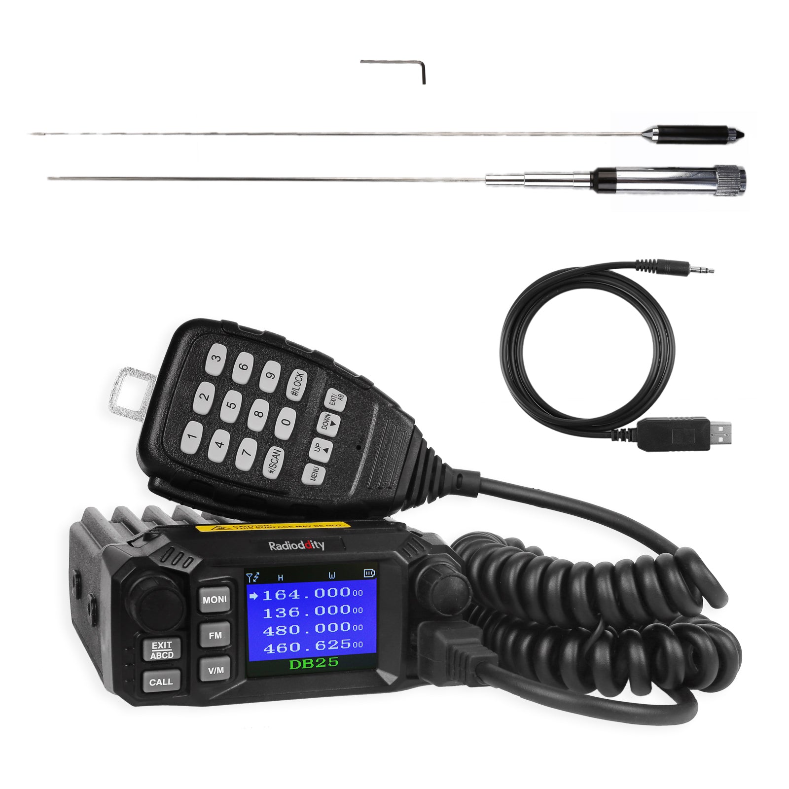 DB25 Pro Dual Band Quad-standby Mini Mobile Radio + 50W Antenna + Cable - Radioddity