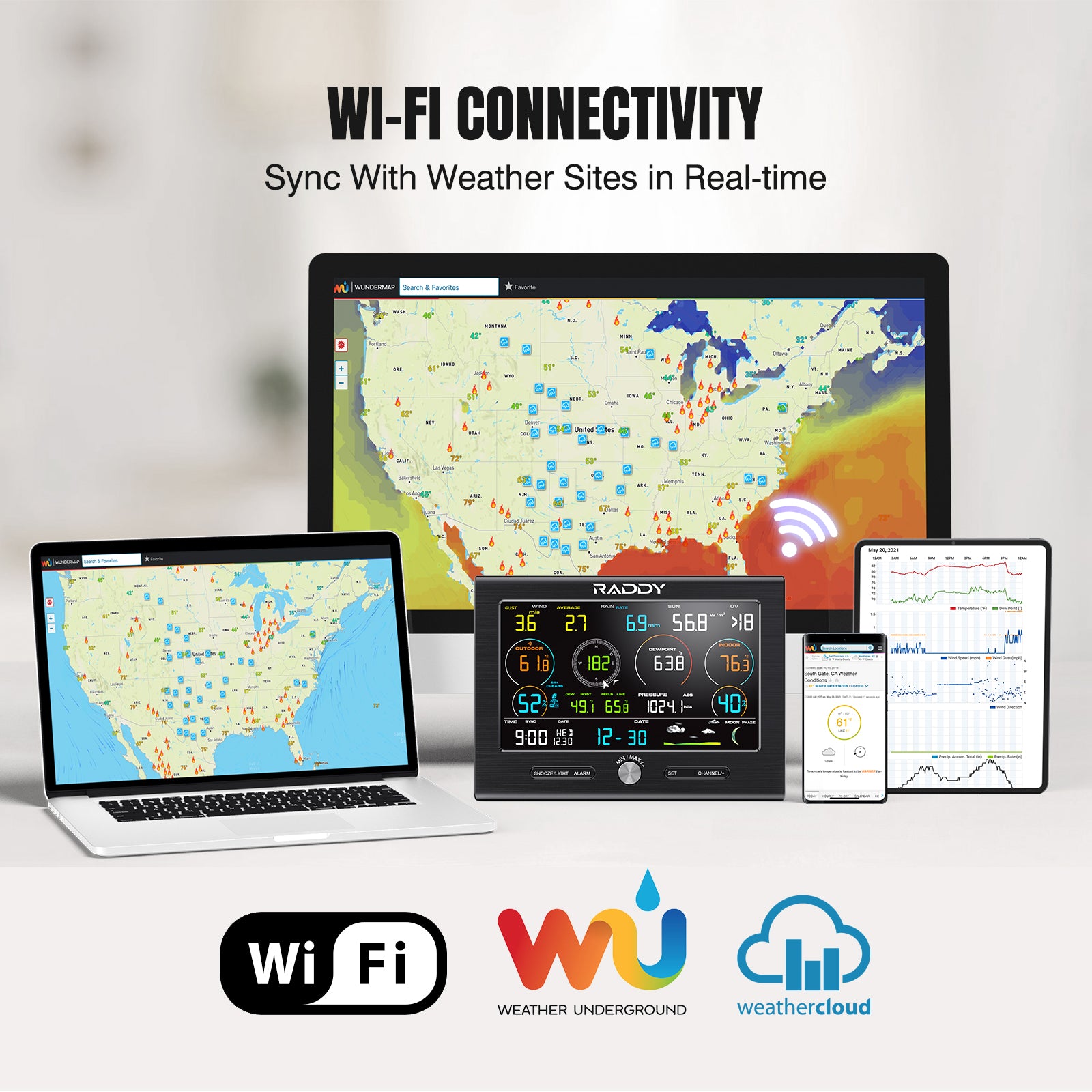 Raddy L7 LoRa Weather Station | Wi-Fi Indoor/Outdoor | 1.9 Miles | 7.2" Display | Rain Gauge | Thermometer | Humidity Sensor - Radioddity