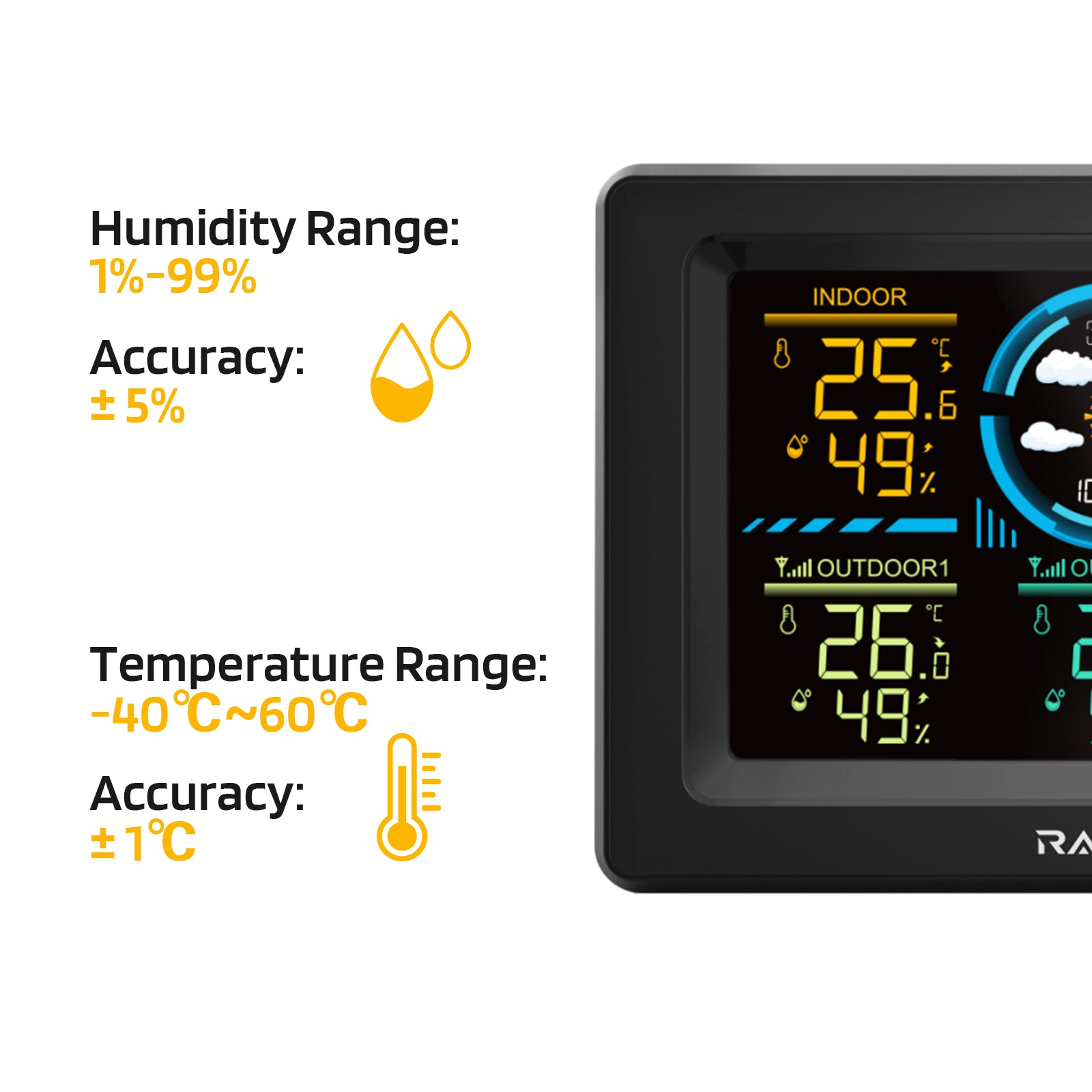 Raddy WF-60C Wetterstation für den Innen- und Außenbereich mit Thermometer | Luftfeuchtigkeitsmesser | Barometer | 3 Remote-Sensoren - Radioddity