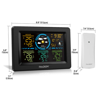 Raddy WF-60C Wetterstation für den Innen- und Außenbereich mit Thermometer | Luftfeuchtigkeitsmesser | Barometer | 3 Remote-Sensoren - Radioddity