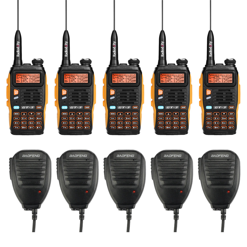 Baofeng GT-3 Mark II [5 Pack + Speaker] | Dual Band | 5W | Better Antenna | VOX - Radioddity