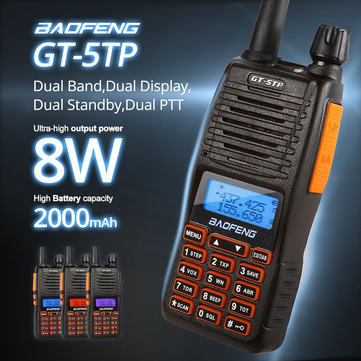 Baofeng GT-5TP | Dual Band | Tri-Power | Dual PTT | Up to 8W | 2000mAh - Radioddity