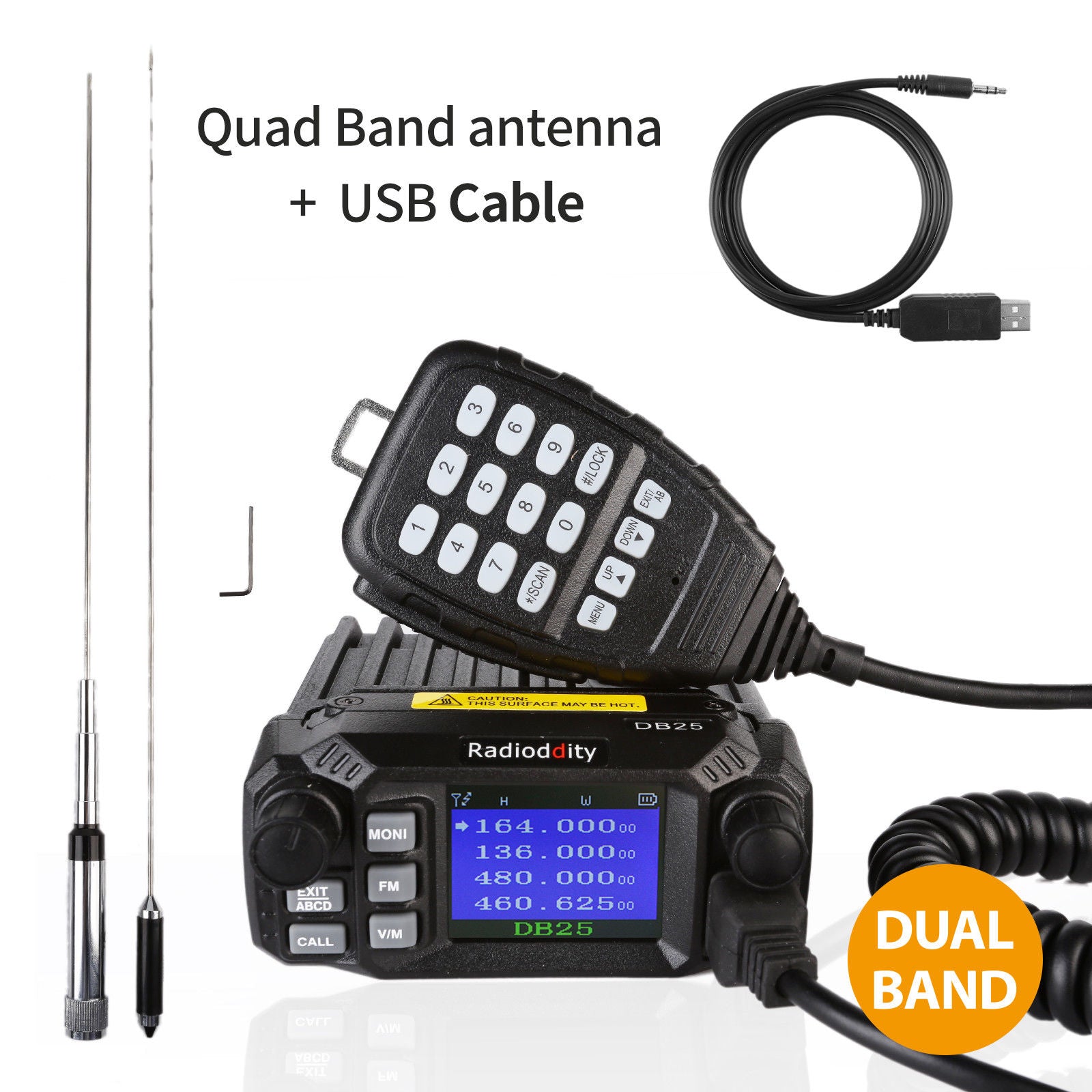 DB25 Pro Dual Band Quad-standby Mini Mobile Radio + 50W Antenna + Cable - Radioddity